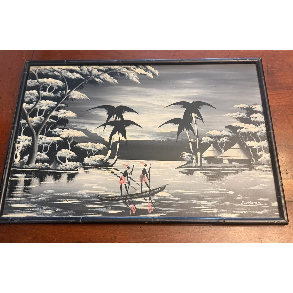 Vintage E. Ngoma African Tribal Landscape Painting Black White Framed